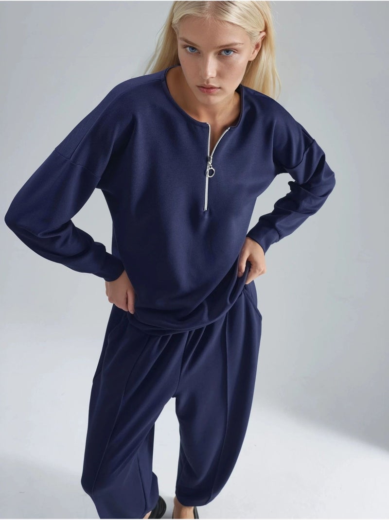 Ensemble deux pièces tricoté à col zippé et jambes larges hiccup Bleu marine - Kiabi