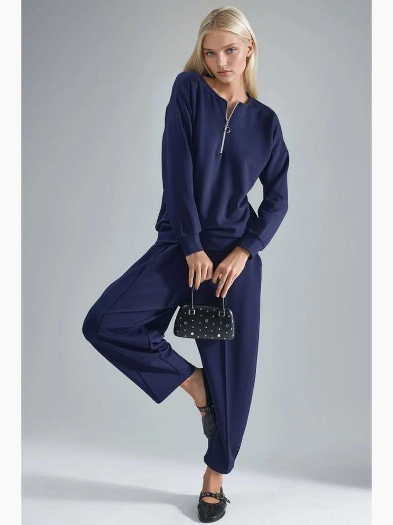 Ensemble deux pièces tricoté à col zippé et jambes larges hiccup Bleu marine - Kiabi