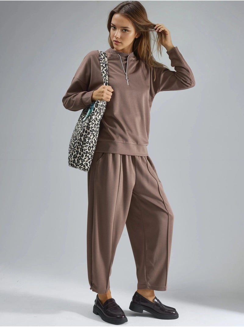 Ensemble deux pièces tricoté à col zippé et jambes larges hiccup Marron clair - Kiabi