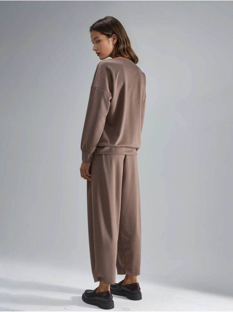 Ensemble deux pièces tricoté à col zippé et jambes larges hiccup Marron clair - Kiabi