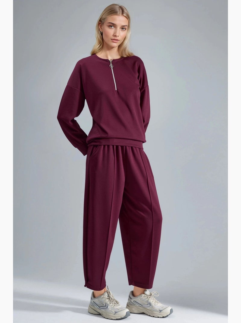 Ensemble deux pièces tricoté à col zippé et jambes larges hiccup Rouge bordeaux - Kiabi