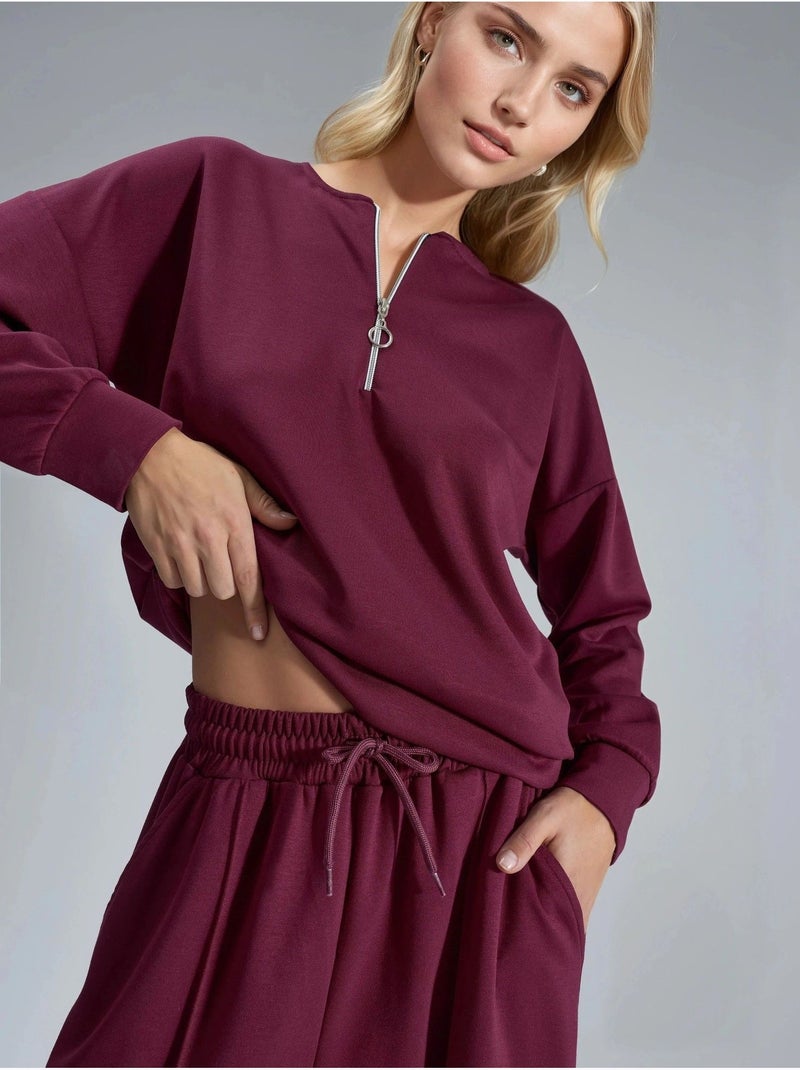 Ensemble deux pièces tricoté à col zippé et jambes larges hiccup Rouge bordeaux - Kiabi