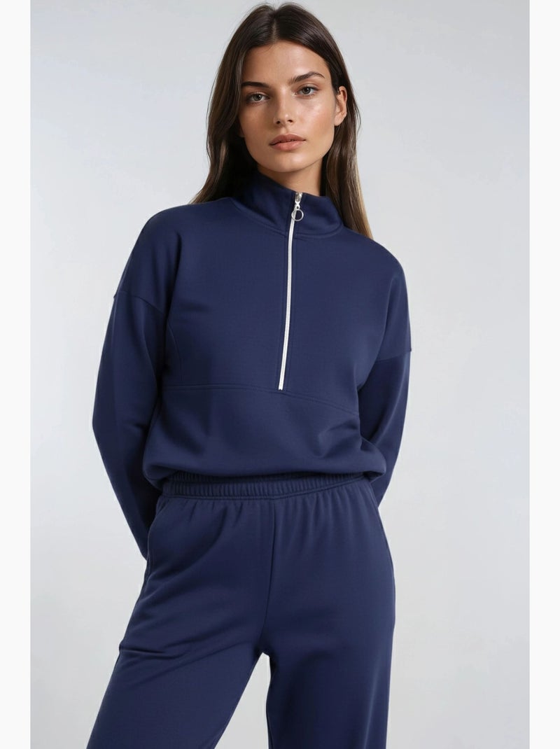Ensemble deux pièces tricoté à jambes larges et col zippé hiccup Bleu marine - Kiabi