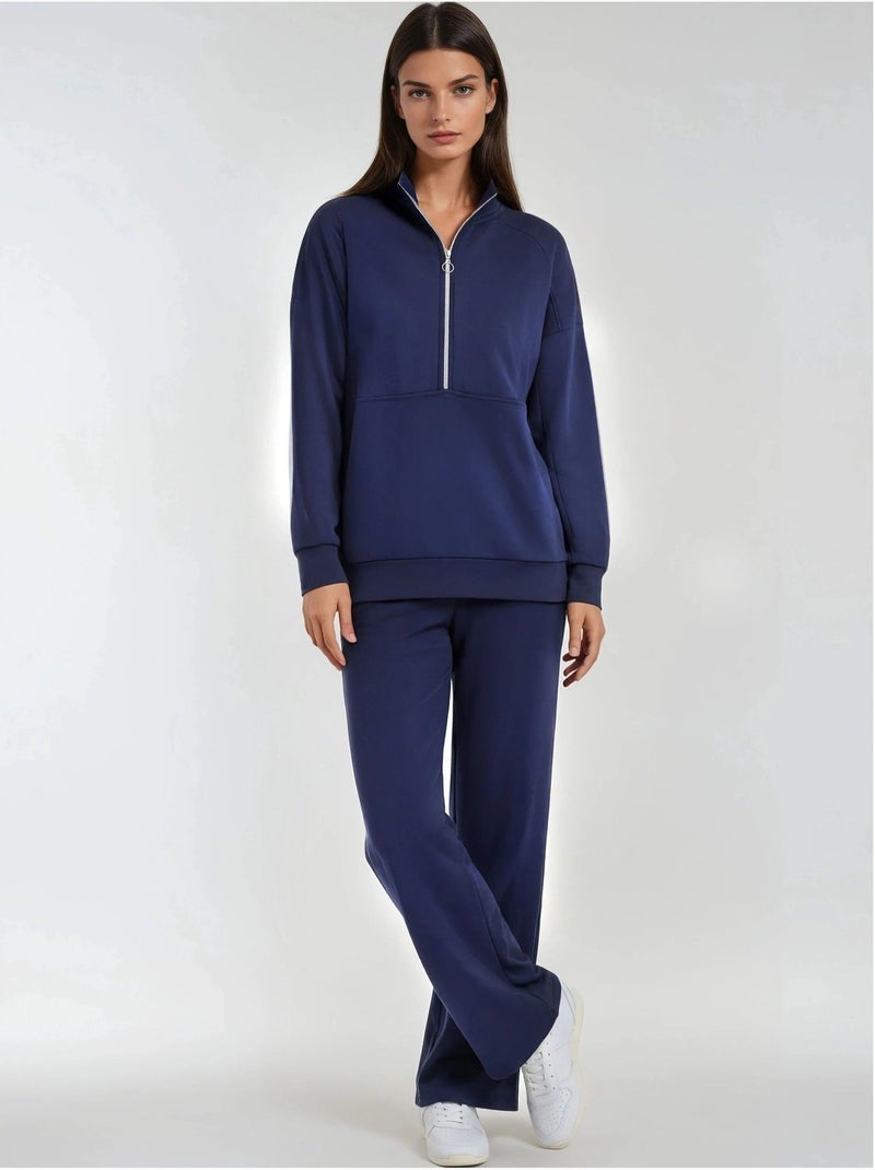Ensemble deux pièces tricoté à jambes larges et col zippé hiccup Bleu marine - Kiabi
