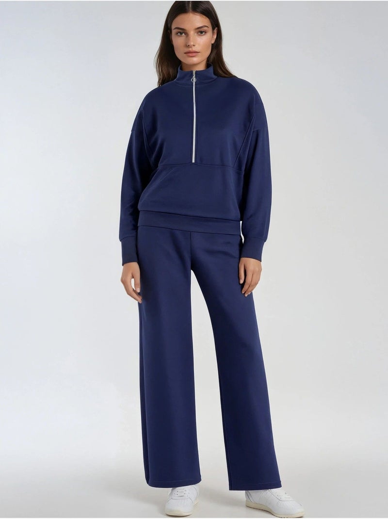 Ensemble deux pièces tricoté à jambes larges et col zippé hiccup Bleu marine - Kiabi