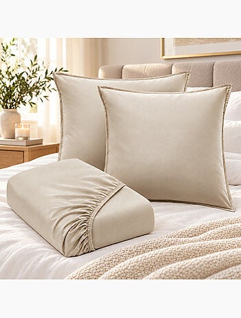 Ensemble drap housse + 2 taies - en satin de bambou - salomé