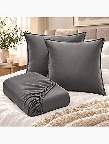 Ensemble drap housse + 2 taies - en satin de bambou - salomé
