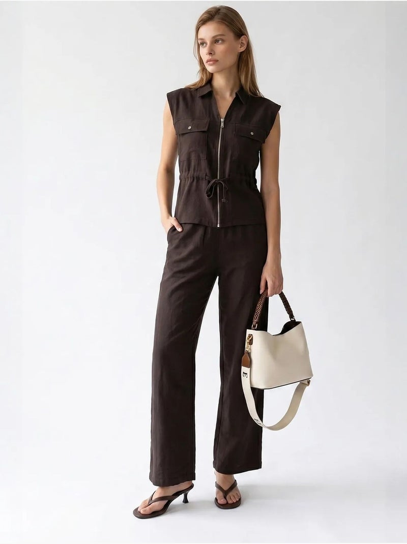 Ensemble en coton avec gilet sans manches et pantalon large mixray Marron chocolat - Kiabi