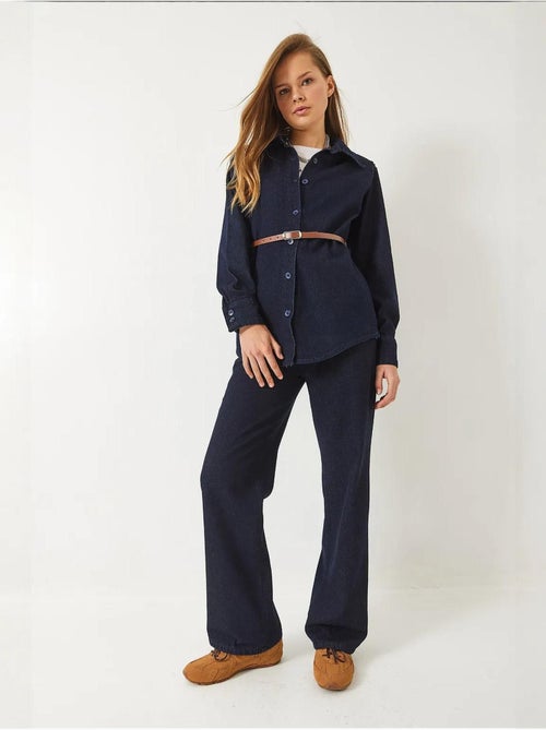 Ensemble en jean avec chemise ceinturée à épaulettes et pantalon palazzo bianco lucci - Kiabi Ensemble en jean avec chemise ceinturée à épaulettes et pantalon palazzo bianco lucci - Kiabi