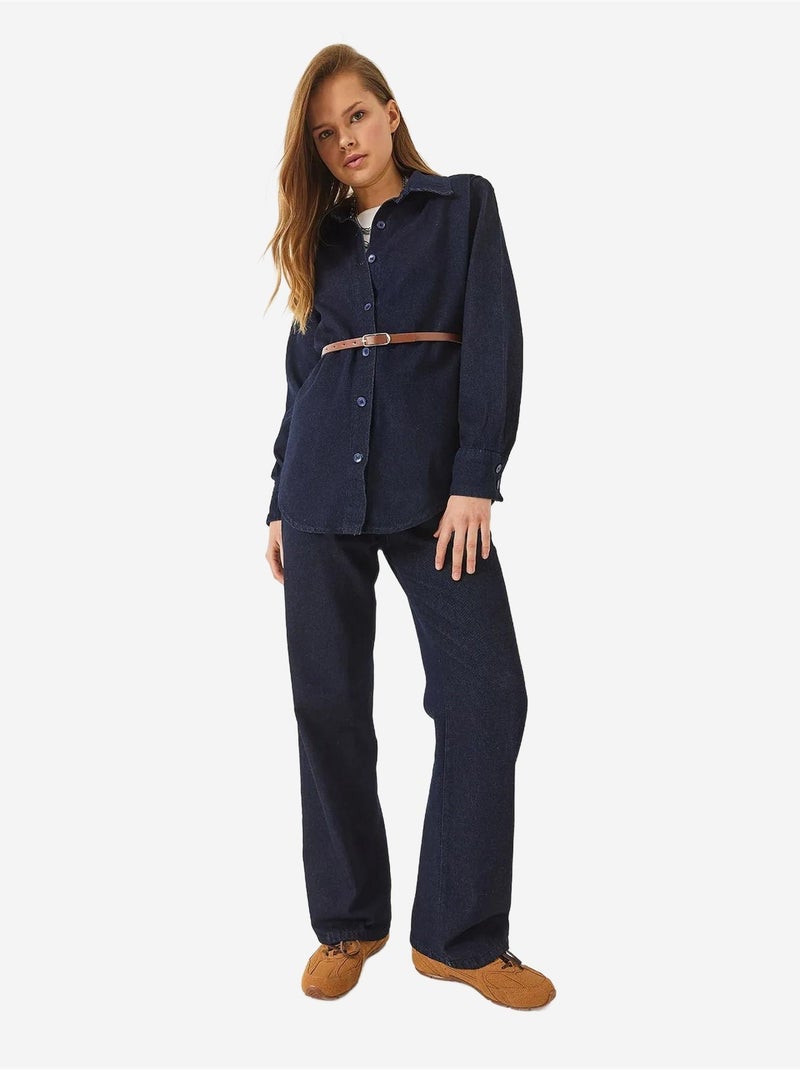 Ensemble en jean avec chemise ceinturée à épaulettes et pantalon palazzo bianco lucci Noir Orange clair Noir - Kiabi