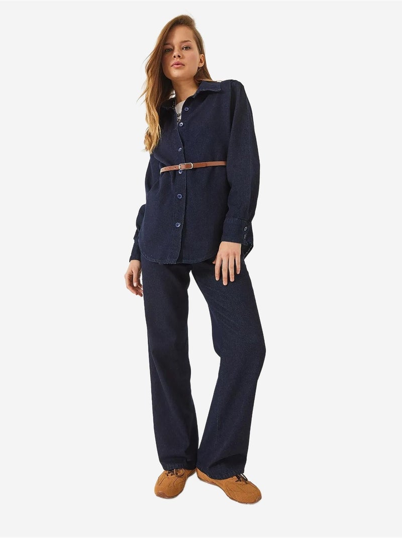 Ensemble en jean avec chemise ceinturée à épaulettes et pantalon palazzo bianco lucci Noir Orange clair Noir - Kiabi