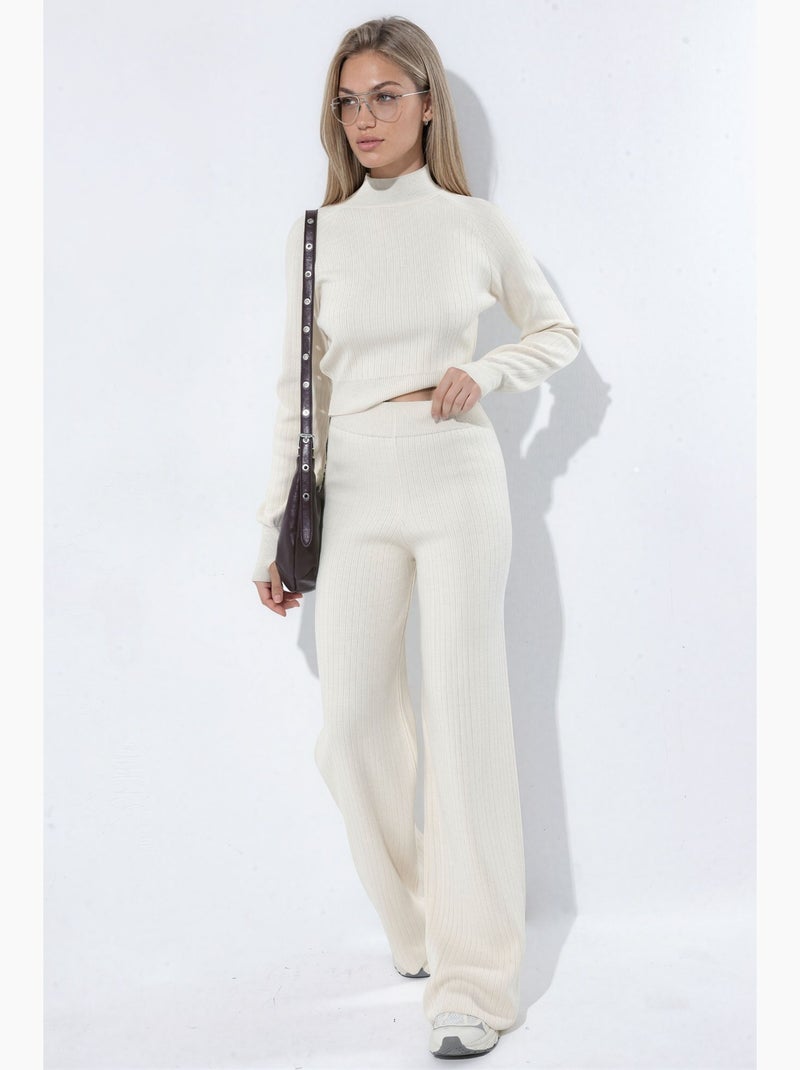 Ensemble en maille pull crop à demi-col roulé et pantalon hiccup Crème - Kiabi
