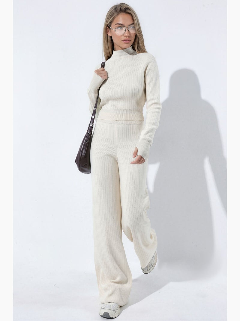 Ensemble en maille pull crop à demi-col roulé et pantalon hiccup Crème - Kiabi