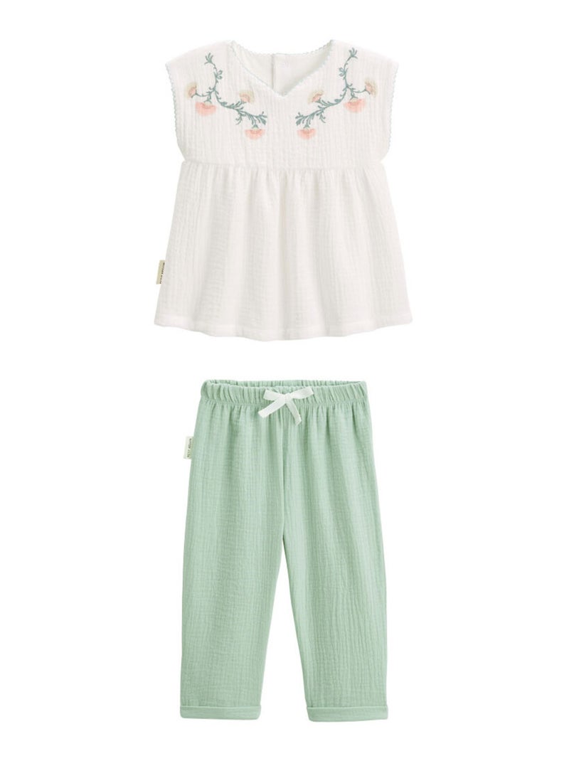 Ensemble enfant blouse et pantalon en gaze de coton Arya Vert - Kiabi