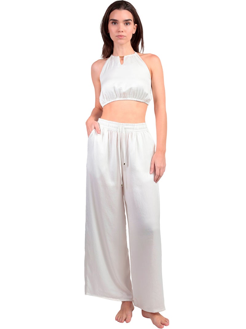 Ensemble estival satin top et pantalon Satinee Beach Blanc - Kiabi