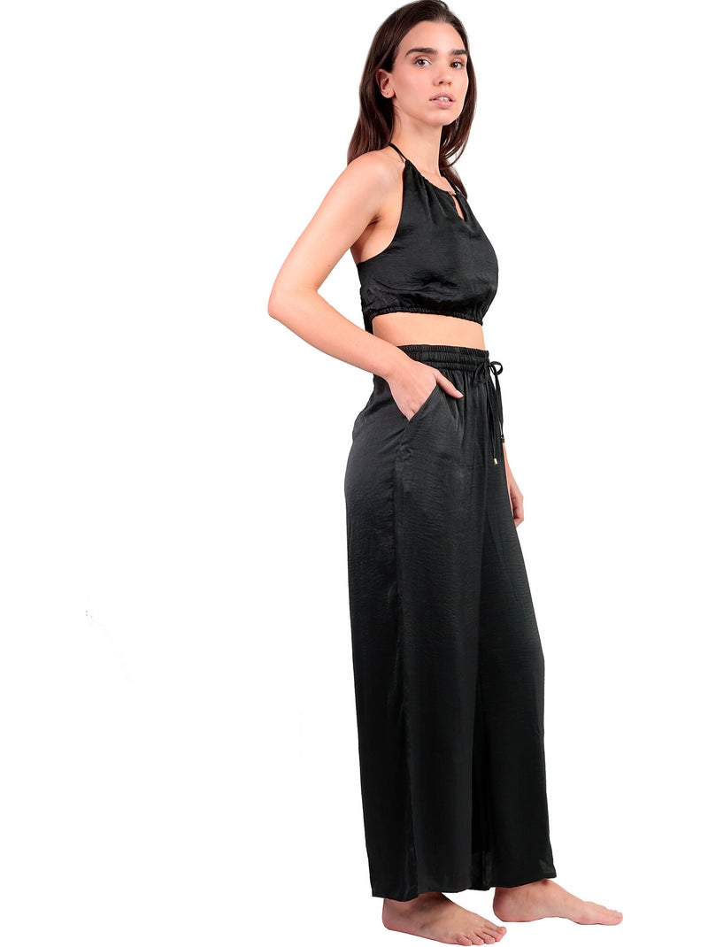 Ensemble estival satin top et pantalon Satinee Beach Noir - Kiabi