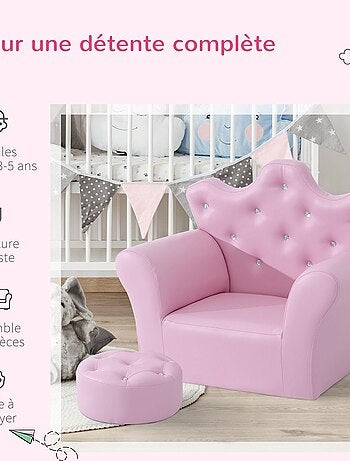 Ensemble fauteuil et pouf enfant design couronne de princesse rose