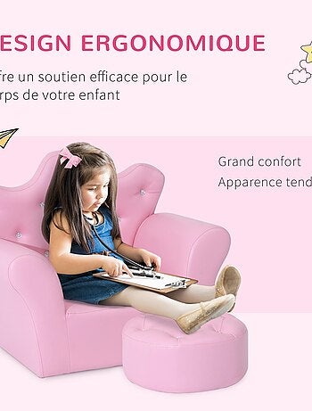 Ensemble fauteuil et pouf enfant design couronne de princesse rose