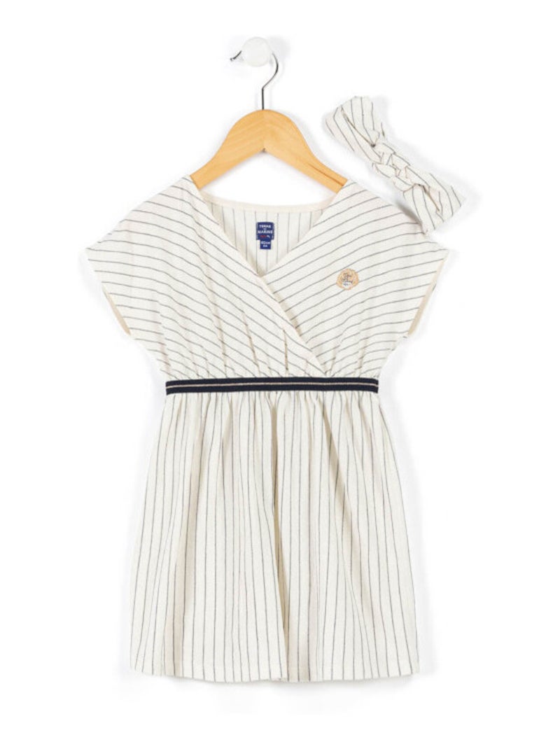 Ensemble Fille robe grège rayée bleu marine + bandeau Beige gris - Kiabi
