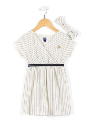Ensemble Fille robe grège rayée bleu marine + bandeau