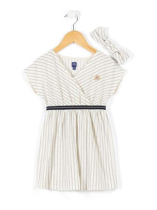 Ensemble Fille robe grège rayée bleu marine + bandeau - Kiabi