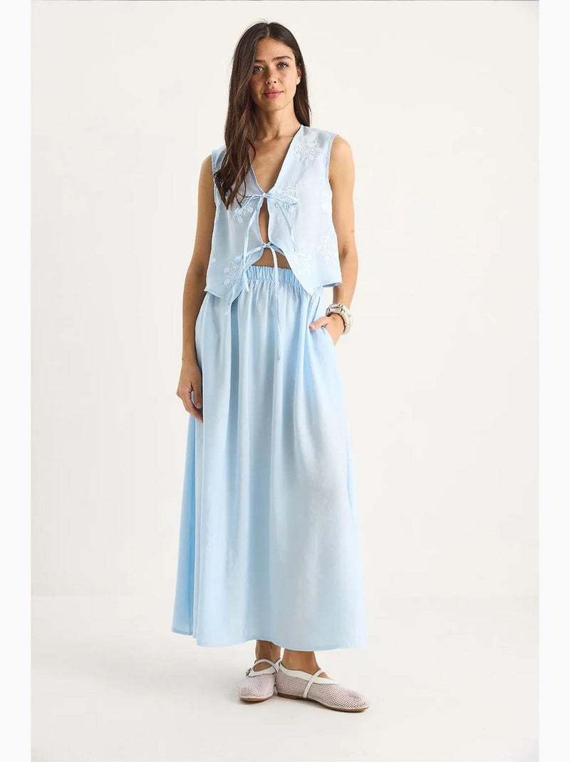 Ensemble gilet brodé noué devant avec poches et jupe longue en modal bianco lucci Bleu ciel - Kiabi