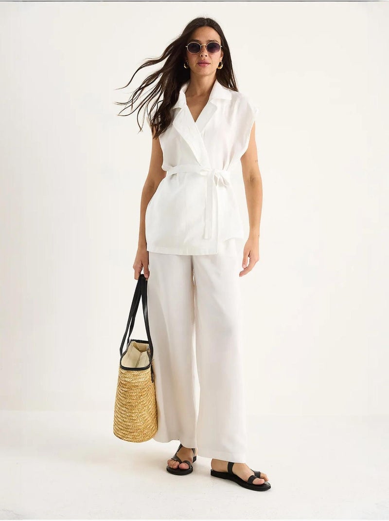 Ensemble gilet ceinturé bianco avec pantalon palazzo à poches et modal lucci Blanc - Kiabi