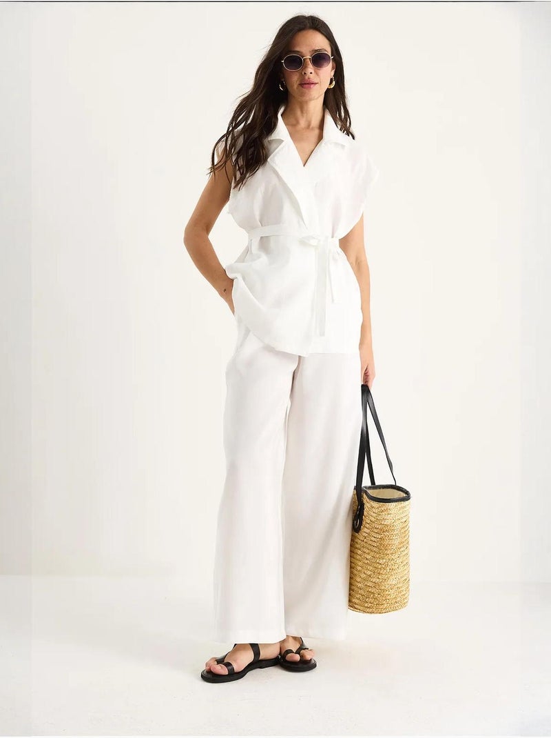 Ensemble gilet ceinturé bianco avec pantalon palazzo à poches et modal lucci Blanc - Kiabi