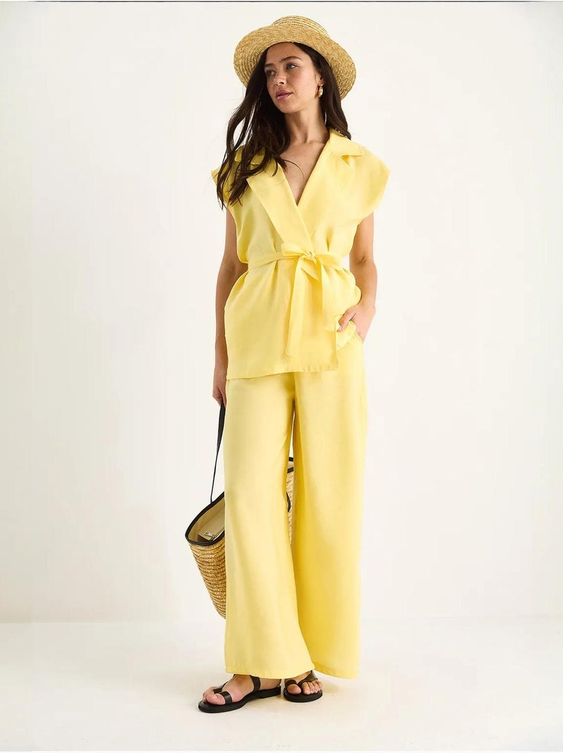 Ensemble gilet ceinturé bianco avec pantalon palazzo à poches et modal lucci Jaune citron - Kiabi