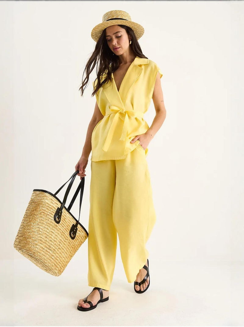Ensemble gilet ceinturé bianco avec pantalon palazzo à poches et modal lucci Jaune citron - Kiabi