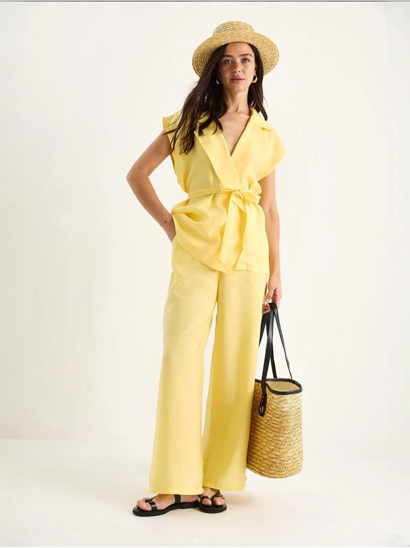 Ensemble gilet ceinturé bianco avec pantalon palazzo à poches et modal lucci Jaune citron - Kiabi