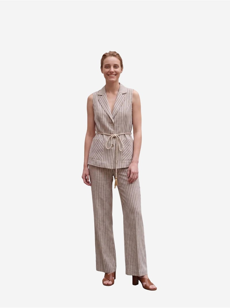 Ensemble gilet et pantalon large à rayures et col châle my fashion Sable - Kiabi
