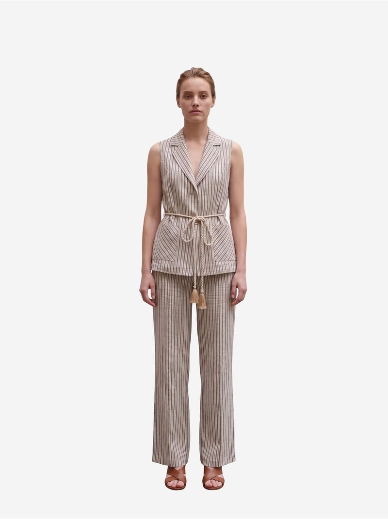 Ensemble gilet et pantalon large à rayures et col châle my fashion Sable - Kiabi