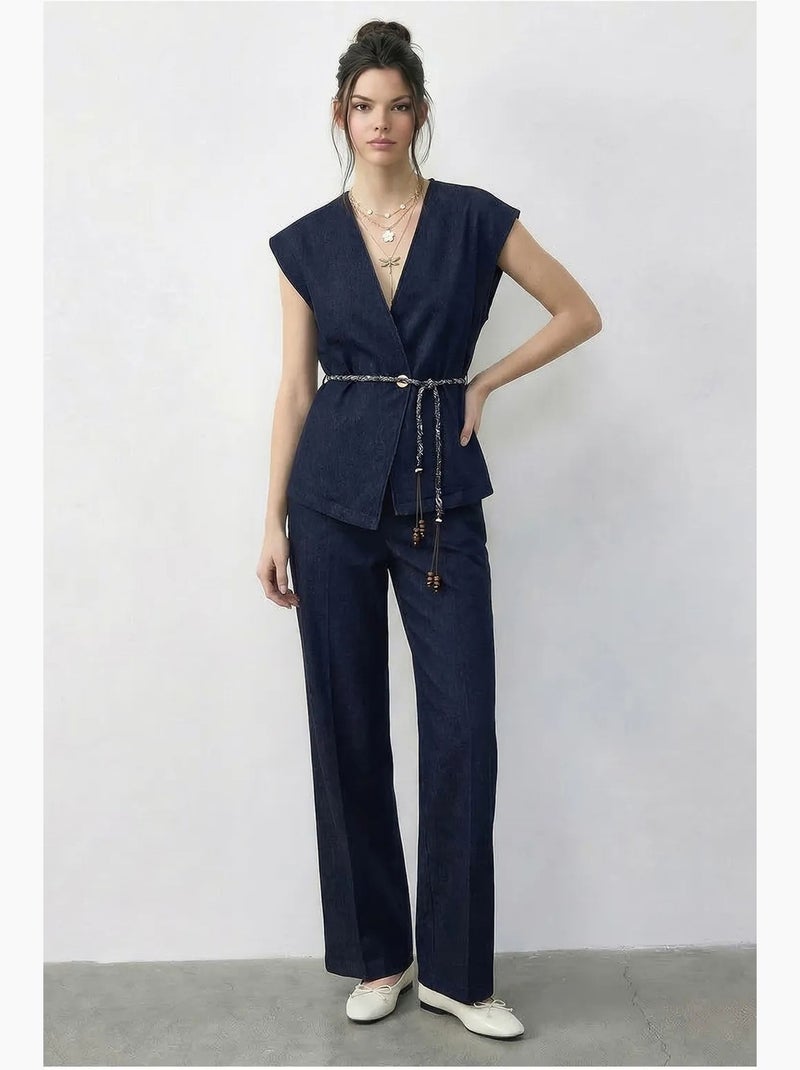 Ensemble gilet et pantalon large avec ceinture lucci Bleu marine - Kiabi