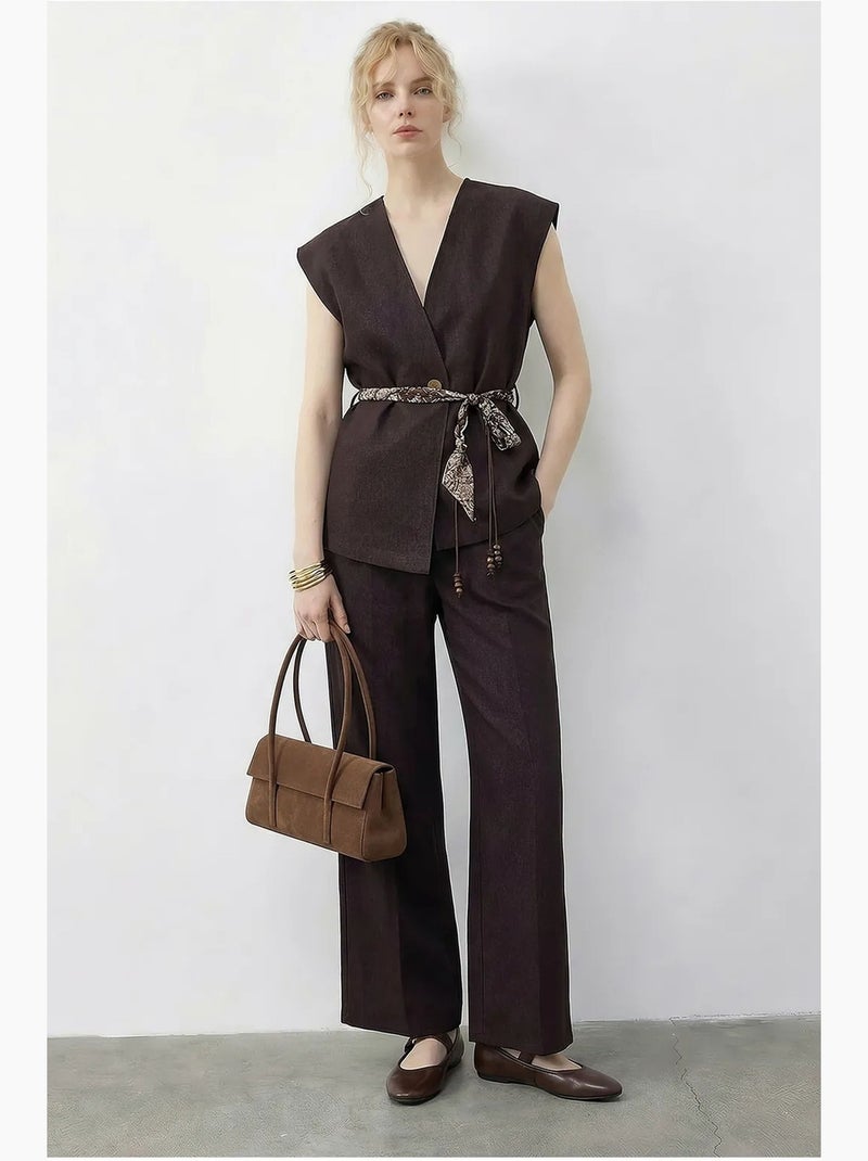 Ensemble gilet et pantalon large avec ceinture lucci Marron chocolat - Kiabi