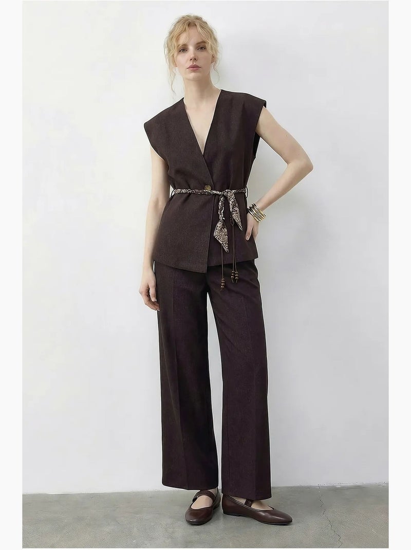 Ensemble gilet et pantalon large avec ceinture lucci Marron chocolat - Kiabi
