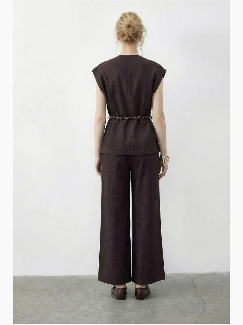 Ensemble gilet et pantalon large avec ceinture lucci Marron chocolat - Kiabi