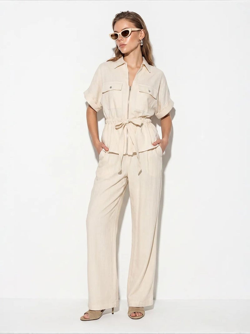 Ensemble gilet et pantalon large en coton lucci Crème - Kiabi