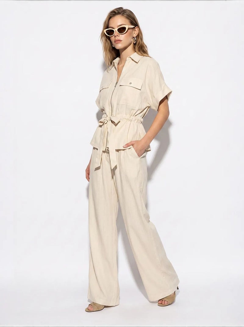 Ensemble gilet et pantalon large en coton lucci Crème - Kiabi