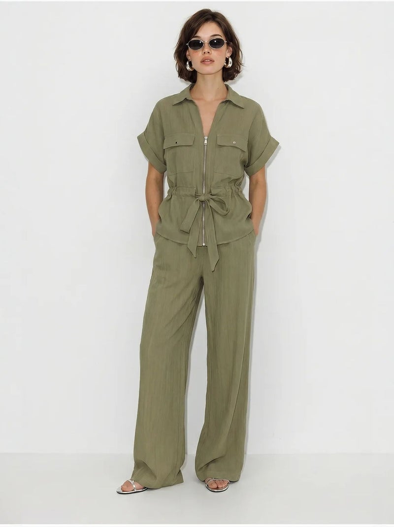 Ensemble gilet et pantalon large en coton lucci Kaki - Kiabi