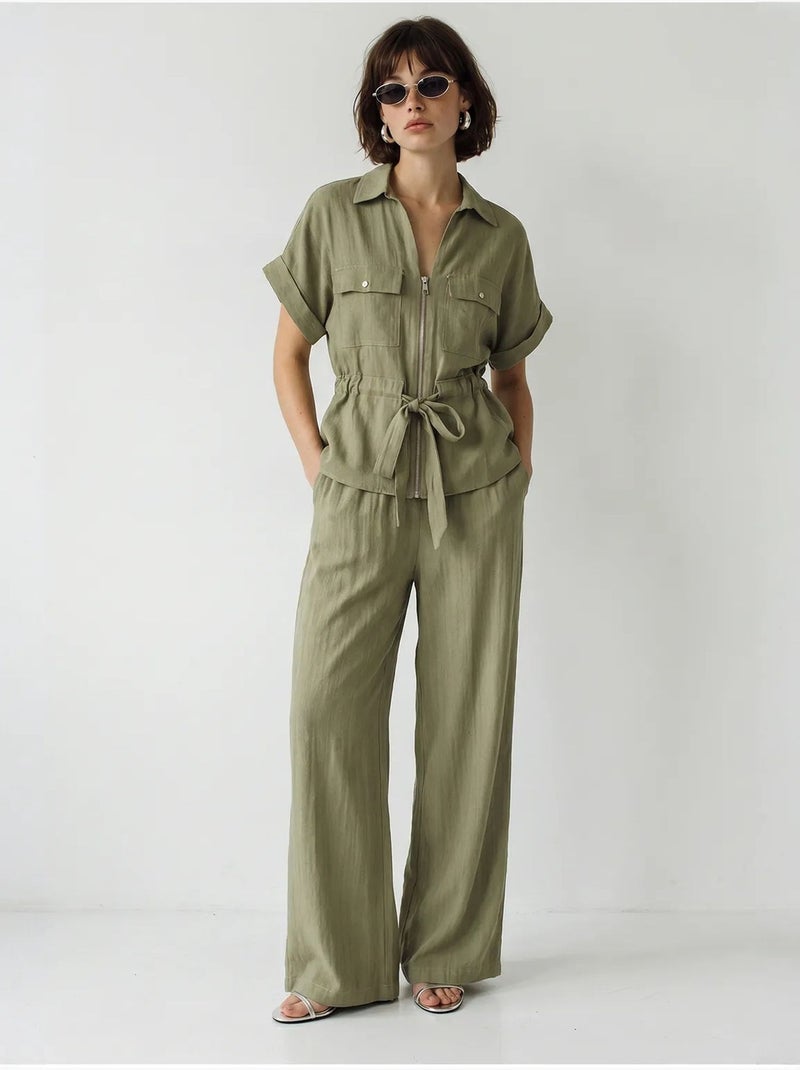 Ensemble gilet et pantalon large en coton lucci Kaki - Kiabi