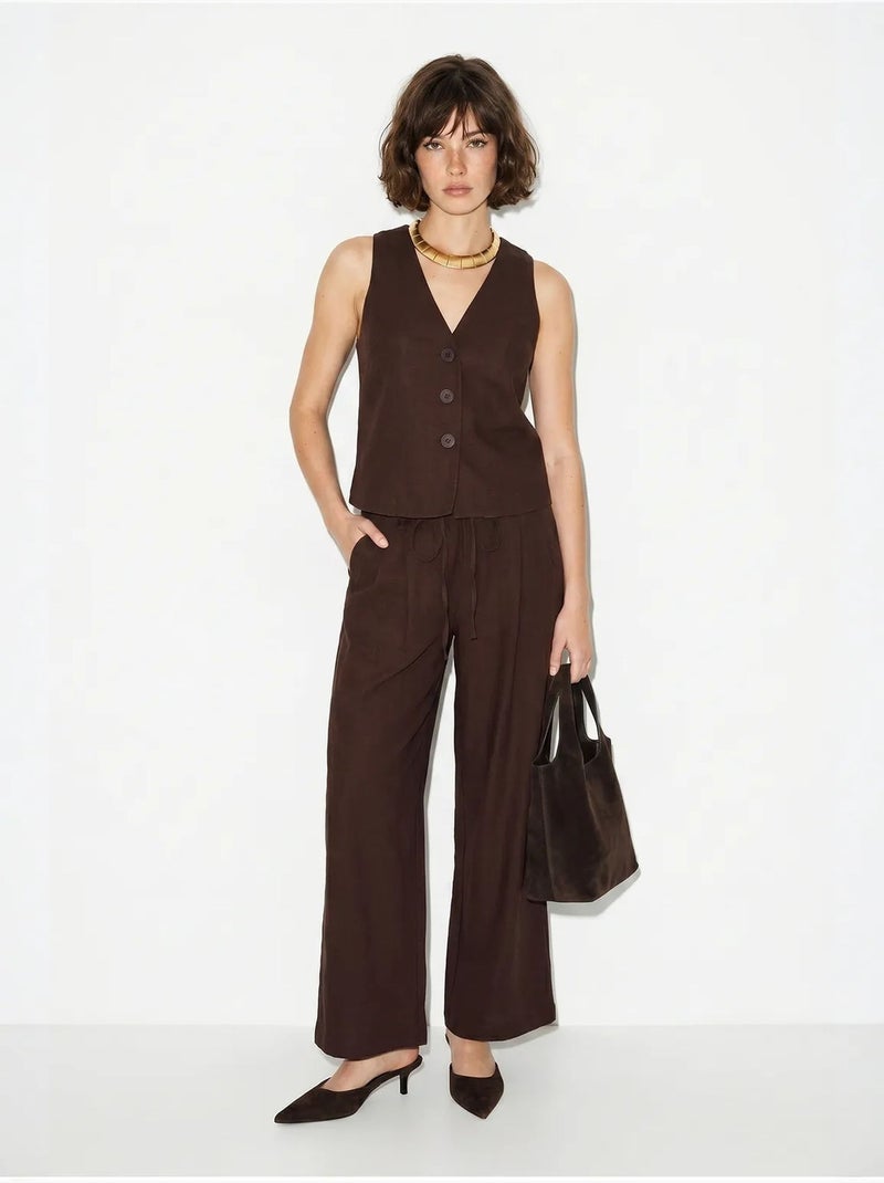 Ensemble gilet et pantalon large en coton lucci Marron chocolat - Kiabi