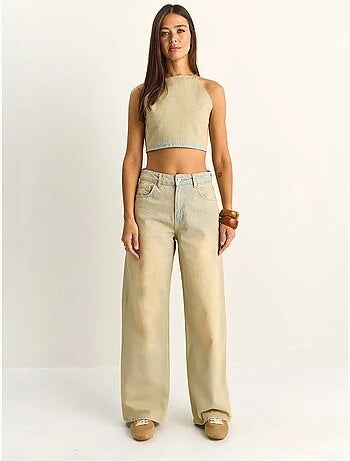Ensemble haut dos-nu en denim taille haute et pantalon à jambes larges lucci