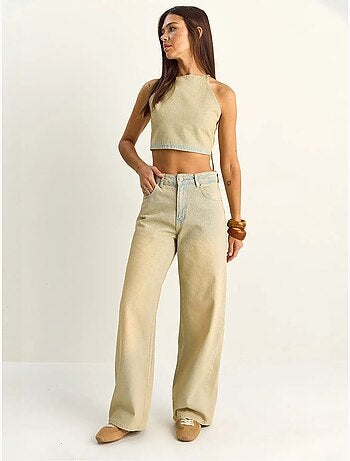 Ensemble haut dos-nu en denim taille haute et pantalon à jambes larges lucci