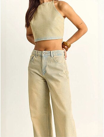 Ensemble haut dos-nu en denim taille haute et pantalon à jambes larges lucci
