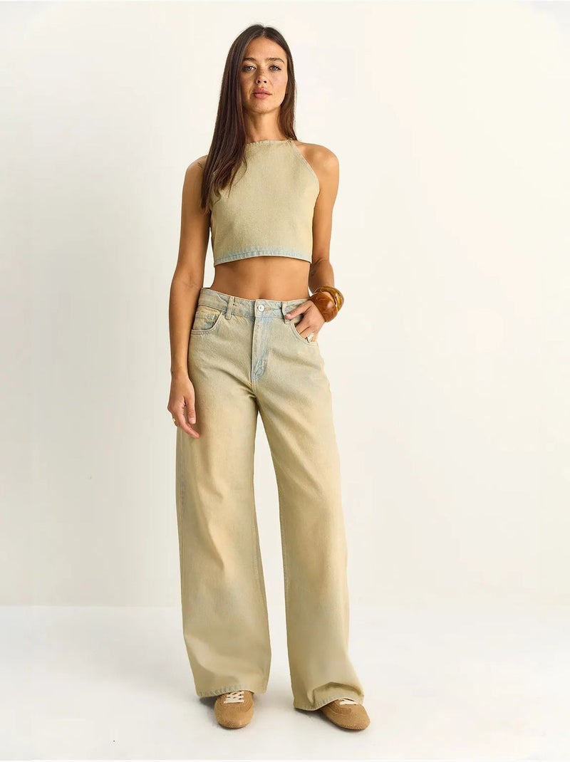 Ensemble haut dos-nu en denim taille haute et pantalon à jambes larges lucci Beige argile - Kiabi