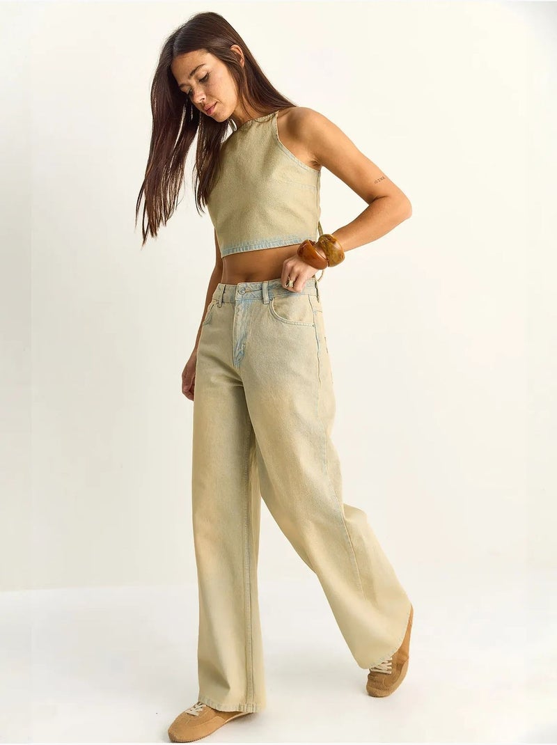 Ensemble haut dos-nu en denim taille haute et pantalon à jambes larges lucci Beige argile - Kiabi