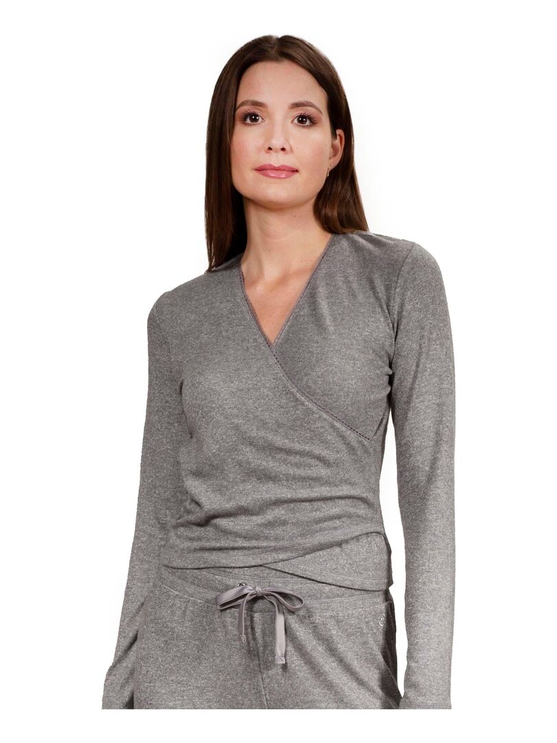 Pull Femme Gris Col Ras Du Cou Effet Cache-cœur - Taille 1 - Coton - Occasion Très Bon état