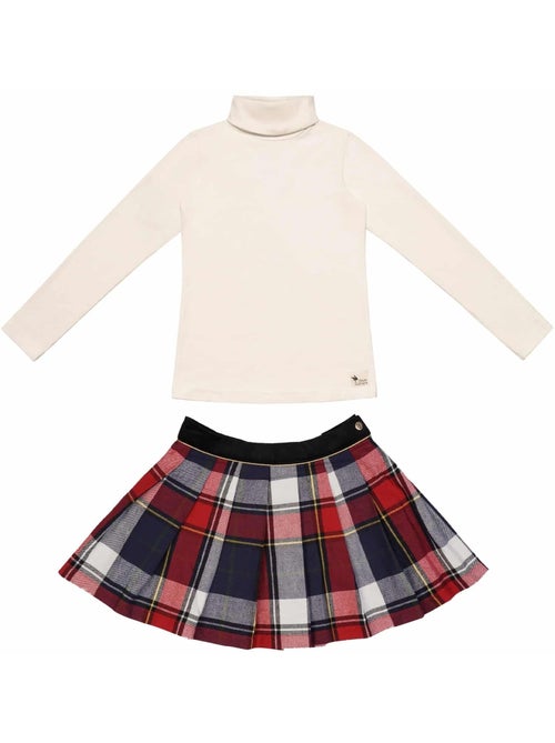 Ensemble   Jupe Écossaise Carreaux Tartan bleu Marine & Sous-Pull Beige - 'LA FAUTE A VOLTAIRE' - Kiabi