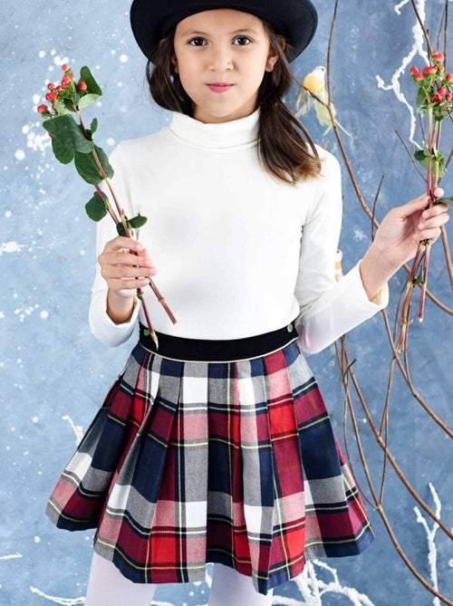 Ensemble   Jupe Écossaise Carreaux Tartan bleu Marine & Sous-Pull Beige - 'LA FAUTE A VOLTAIRE' - Kiabi